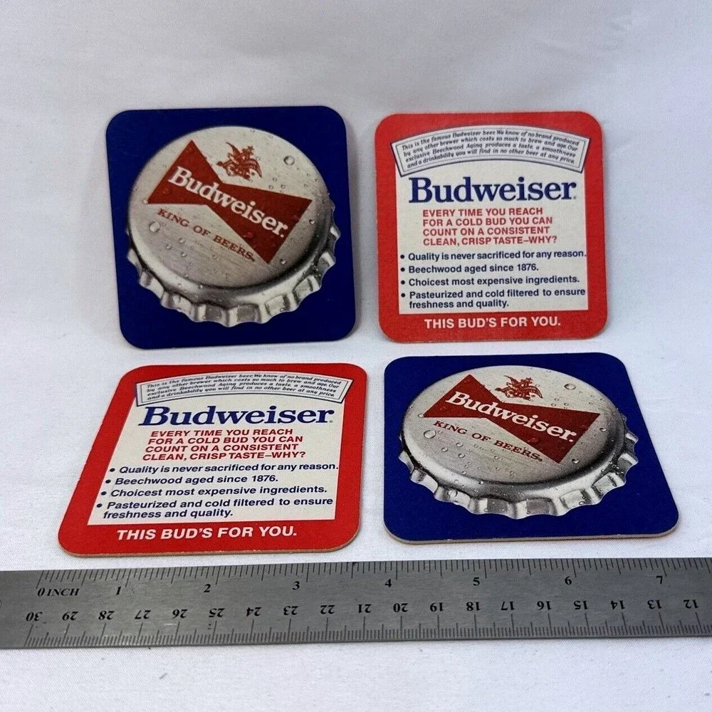 Budweiser King of Beers Coasters Set of 4 Bottle Cap &‎ Ad Graphics